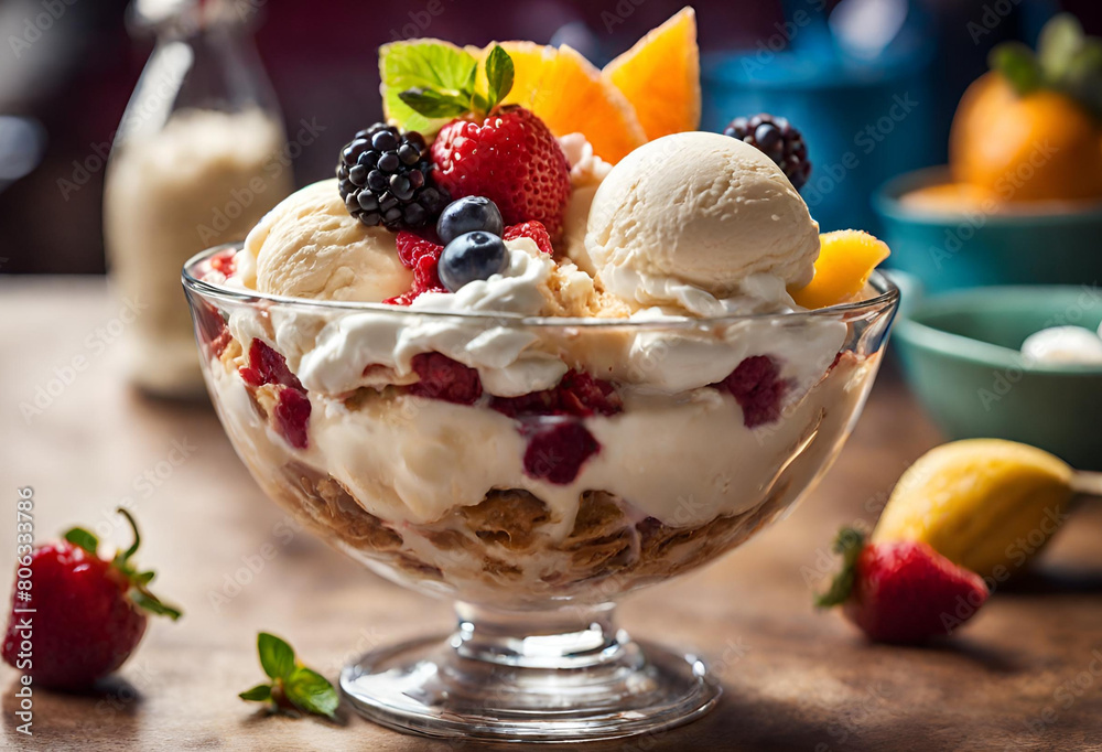Nahaufnahme eines verlockenden Eisbechers mit frischen Früchten Nahaufnahme eines verlockenden Eisbechers mit frischen Früchten