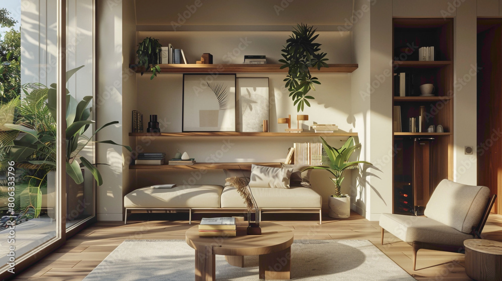 Fototapeta premium A refined living space with a focus on a meticulously organized wood floating shelf, showcasing a mix of plants, books, and art pieces, set agnst a backdrop of contemporary furnishings and 