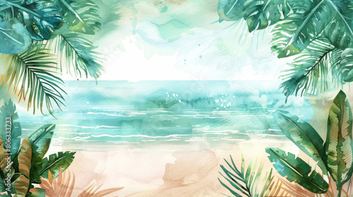Watercolor Painting of a Tropical Beach Scene with Palms Swaying in the Gentle Breeze