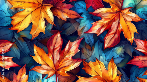 Colorful Mix of Autumn Leaves in Red  Orange  Blue  Yellow  and Brown on a Textured Background