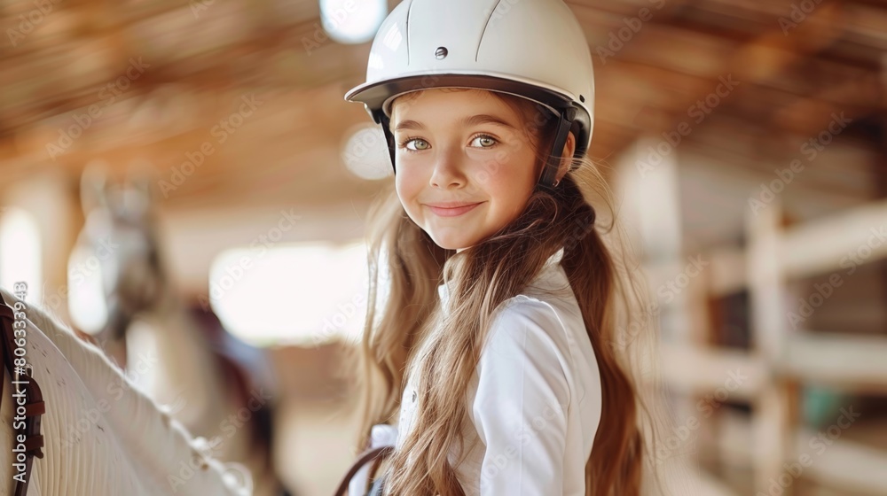 Cheerful young equestrian in lesson wearing helmet, smiling at camera while riding horse Cheerful young equestrian in lesson wearing helmet, smiling at camera while riding horse