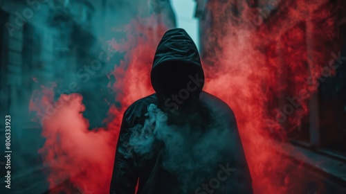 An enigmatic hooded figure emerges from smoke on an urban street, creating a sense of intrigue or potential danger in the cityscape