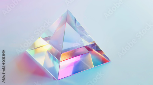 A glass pyramid with a rainbow colored background.