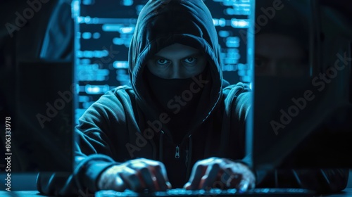 An incognito cyber hacker with a mask types at a computer keyboard in a dark room