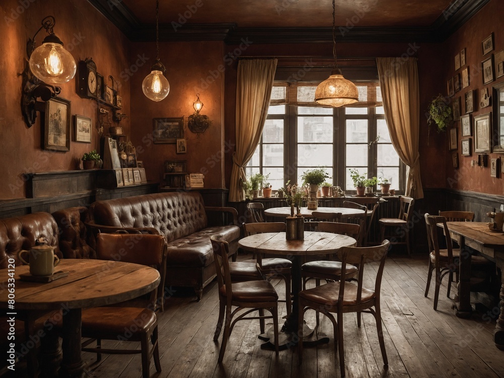 Cozy cafe interior illuminated by warm glow of vintage light fixtures, natural light streaming through large window. Rustic wooden tables, chairs arranged throughout space, inviting patrons to relax.