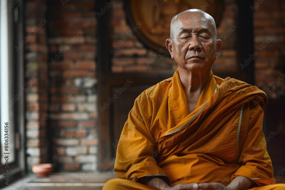 Serene Buddhist Monk Engaged in Deep Meditation Ceremony Serene Buddhist Monk Engaged in Deep Meditation Ceremony