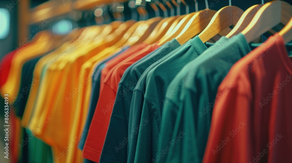Colorful t-shirts hanging on wooden hangers in store. Generate AI image Colorful t-shirts hanging on wooden hangers in store. Generate AI image