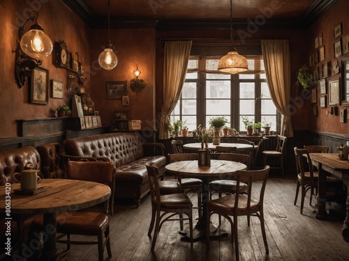 Cozy cafe interior illuminated by warm glow of vintage light fixtures  natural light streaming through large window. Rustic wooden tables  chairs arranged throughout space  inviting patrons to relax.