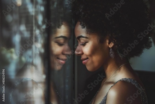 Empowered Woman Embracing Self-Love in Mirror Reflection photo