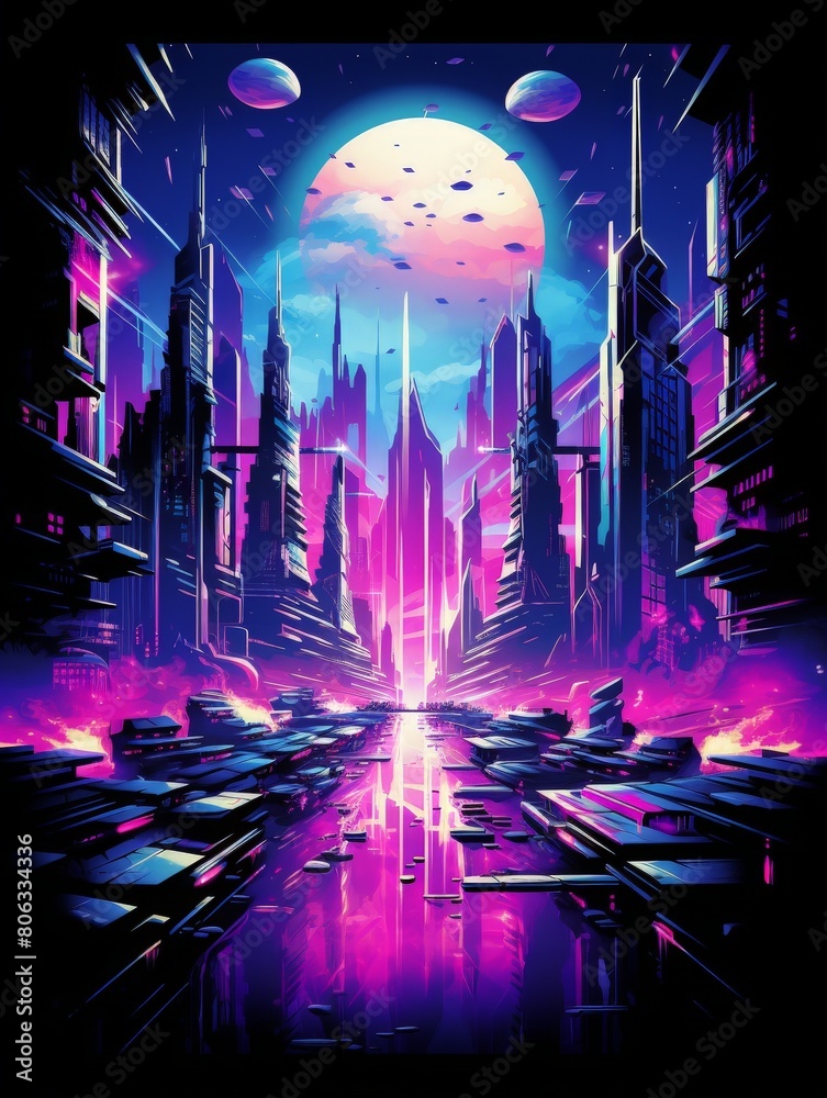 3D Model of Futuristic City with Neon Accents