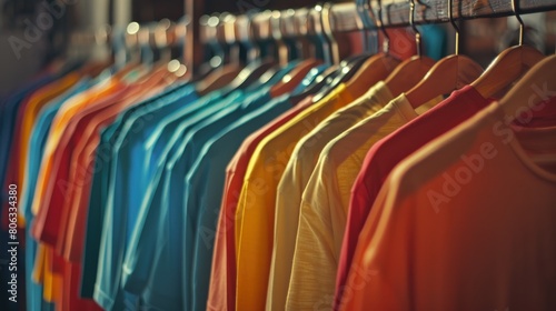 Colorful t-shirts hanging on wooden hangers in store. Generate AI image