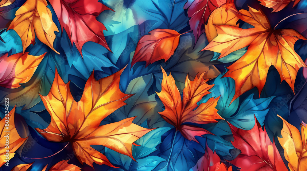 A Background Featuring a Mix of Colorful Autumn Leaves in Red, Orange, Blue, Yellow, and Brown