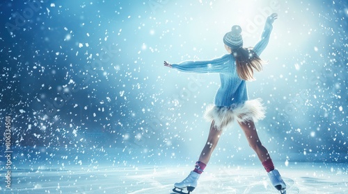 Set against a backdrop of a snowfall, a woman with raised hands performs on an ice rink illuminated by lights