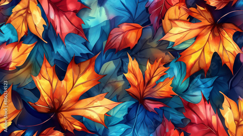 A Background Featuring a Mix of Colorful Autumn Leaves in Red, Orange, Blue, Yellow, and Brown