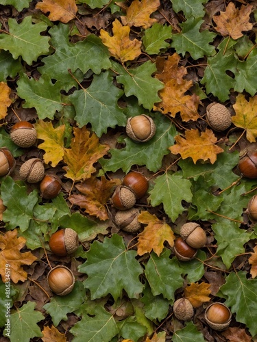 Acorns rest on bed of fallen leaves in varying shades of brown, yellow, green. Acorns nestled among leaves, some fully visible, others partially hidden. Leaves scattered randomly, creating natural.