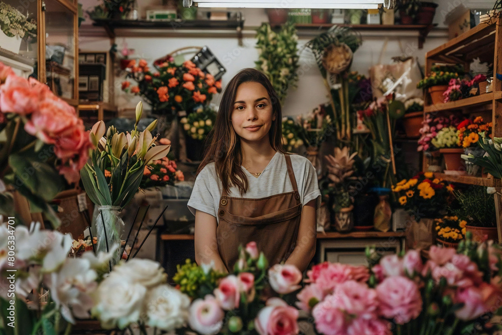 Flourishing Entrepreneur: Female Flower Shop Owner working diligently in her floral business