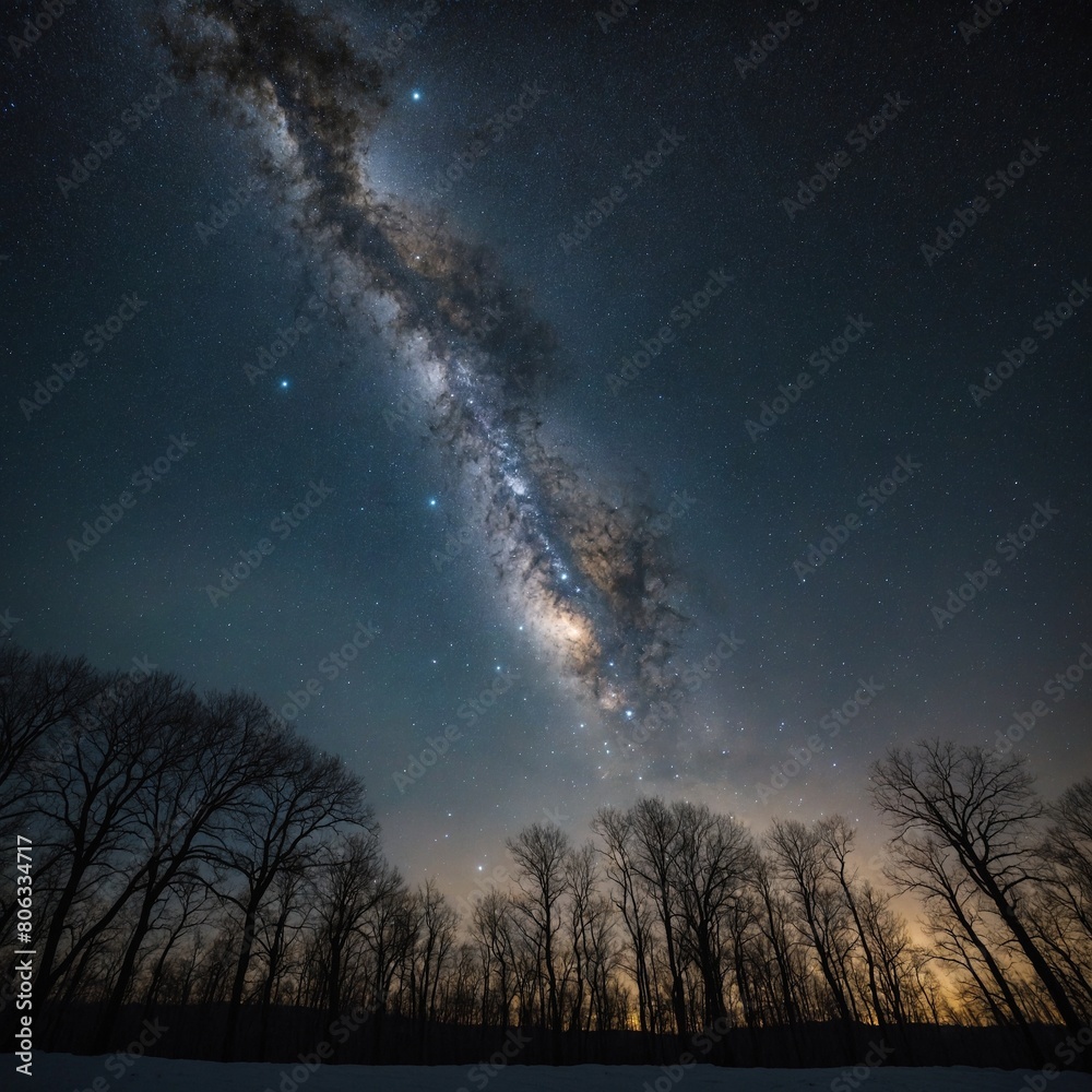 Milky way galaxy stretches across dark, starry night sky. Galaxy band of light, composed of billions of stars, that extends from horizon to top of image. Silhouetted trees stand in foreground.