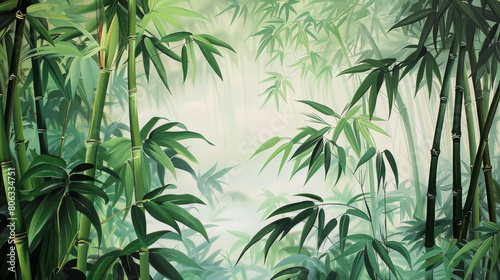 Sunlight Filters Through Dense Foliage of Lush Green Bamboo Grove