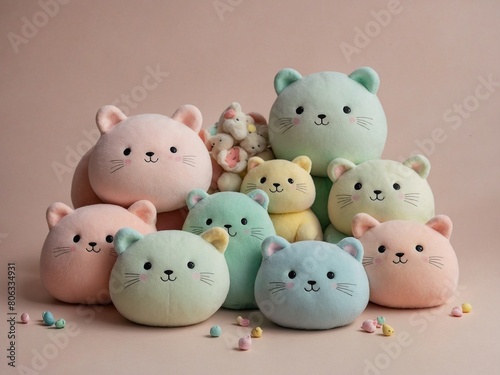 Group of round  plush cat toys arranged in pyramid shape on beige background. Cats variety of pastel colors  including pink  green  blue  yellow  they all have embroidered faces with smiles.