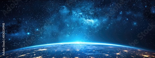 Electric blue lights illuminate Earths dark landscape seen from above in space photo