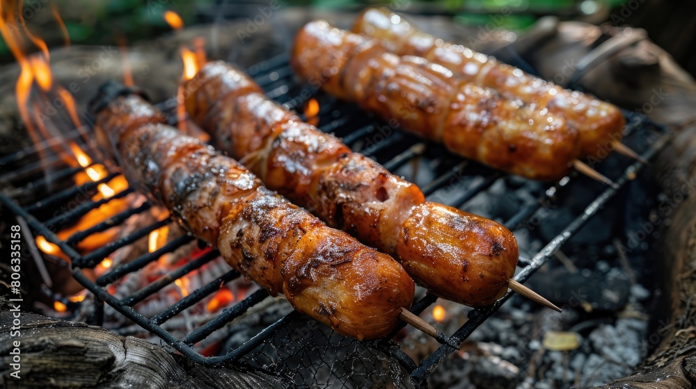 Sausages fried on fire in a plate with vegetables. Food for a picnic, a quick snack. Sausages fried on fire in a plate with vegetables. Food for a picnic, a quick snack.