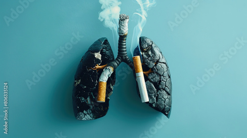 A cigarette in a smoker's lungs causes deterioration of health and death, the lungs are affected by disease, harm from smoking cigarettes, lung diseases photo