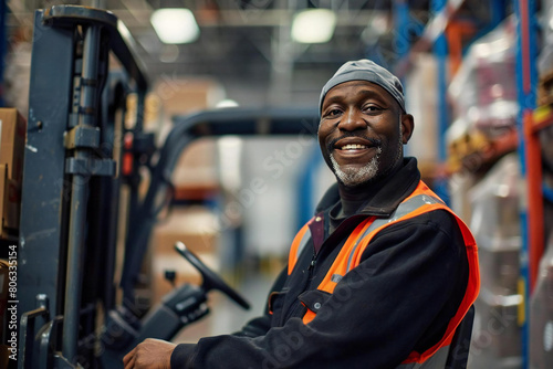 Smiling African American Forklift Manager in Busy Warehouse