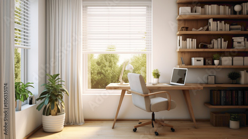 A serene study nook with a comfortable white swivel chr and a minimalist desk, bathed in natural light from a nearby window, offering an ideal space for focused work or study photo