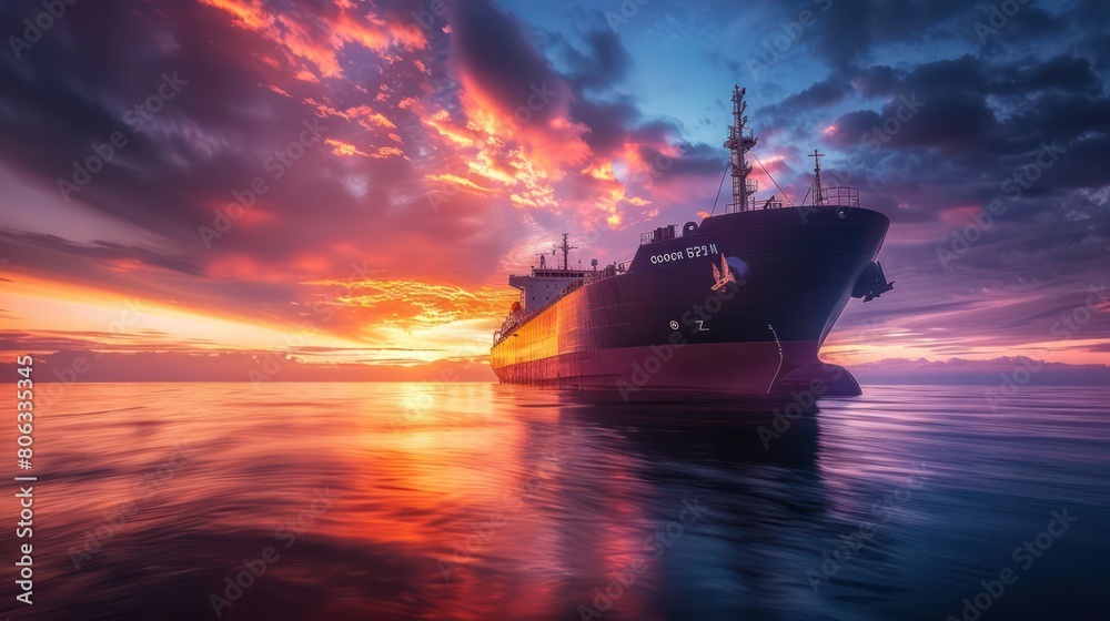 The enchanting view of a cargo ship set against a beautiful sunset with vibrant colors reflected on the sea The enchanting view of a cargo ship set against a beautiful sunset with vibrant colors reflected on the sea
