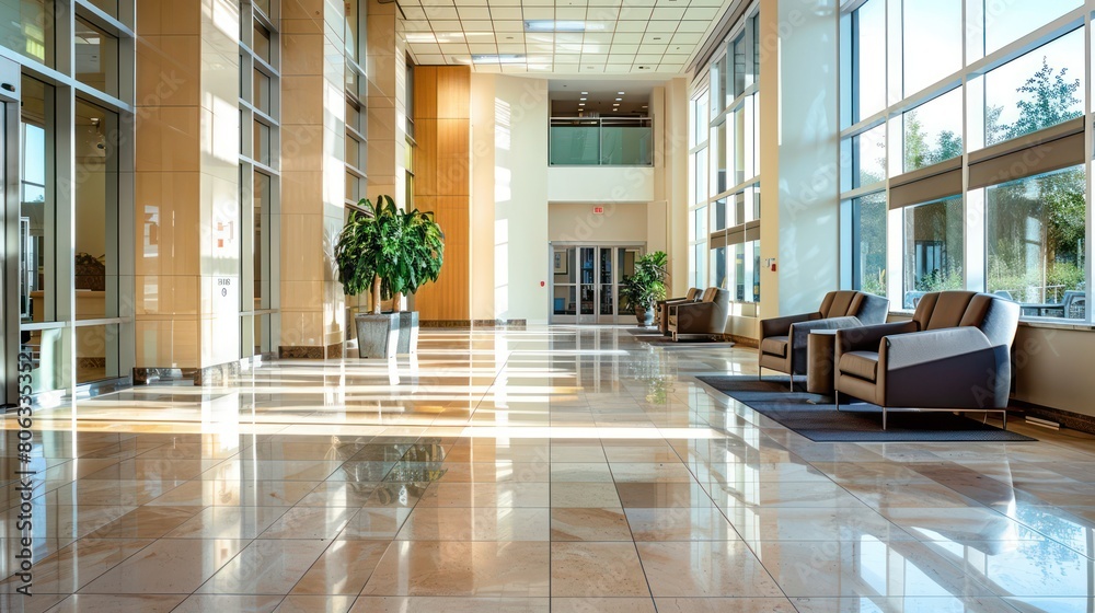 A wide-angle shot of a contemporary office lobby with gleaming floors and stylish furniture A wide-angle shot of a contemporary office lobby with gleaming floors and stylish furniture