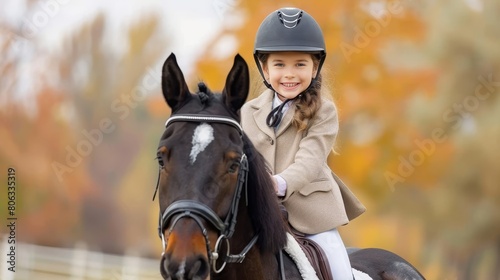 Cheerful young equestrian student wearing riding helmet riding horse, smiling at camera in lesson © sorin