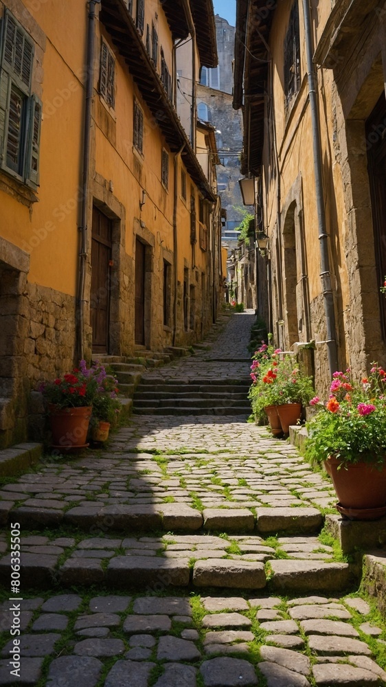 Narrow, cobblestone street winds its way uphill between rows of old, colorful buildings. Sunlight casts long shadows on street, highlighting texture of stones. Narrow, cobblestone street winds its way uphill between rows of old, colorful buildings. Sunlight casts long shadows on street, highlighting texture of stones.