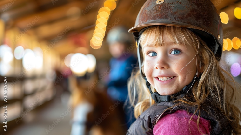 Obraz premium Cheerful young rider in horseback riding class wearing helmet, smiling at camera during lesson