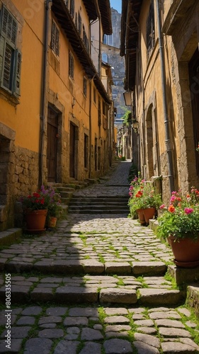 Narrow  cobblestone street winds its way uphill between rows of old  colorful buildings. Sunlight casts long shadows on street  highlighting texture of stones.