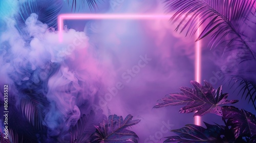 Neon rectangle frame in tropical palm foliage backdrop, colorful smoke abstract background.