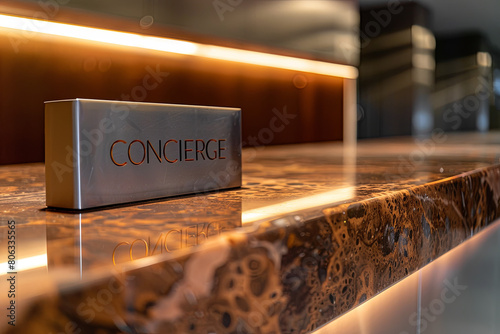 Concierge desk, with writing " CONCIERGE " 