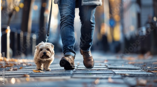 Person walking with a small fluffy dog on a cobblestone street in a city, with fall leaves on the ground photo