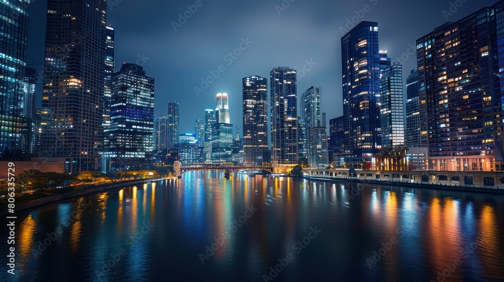 Fototapeta premium Striking city skyline at night with bright lights reflecting in waterfront, showcasing urban life