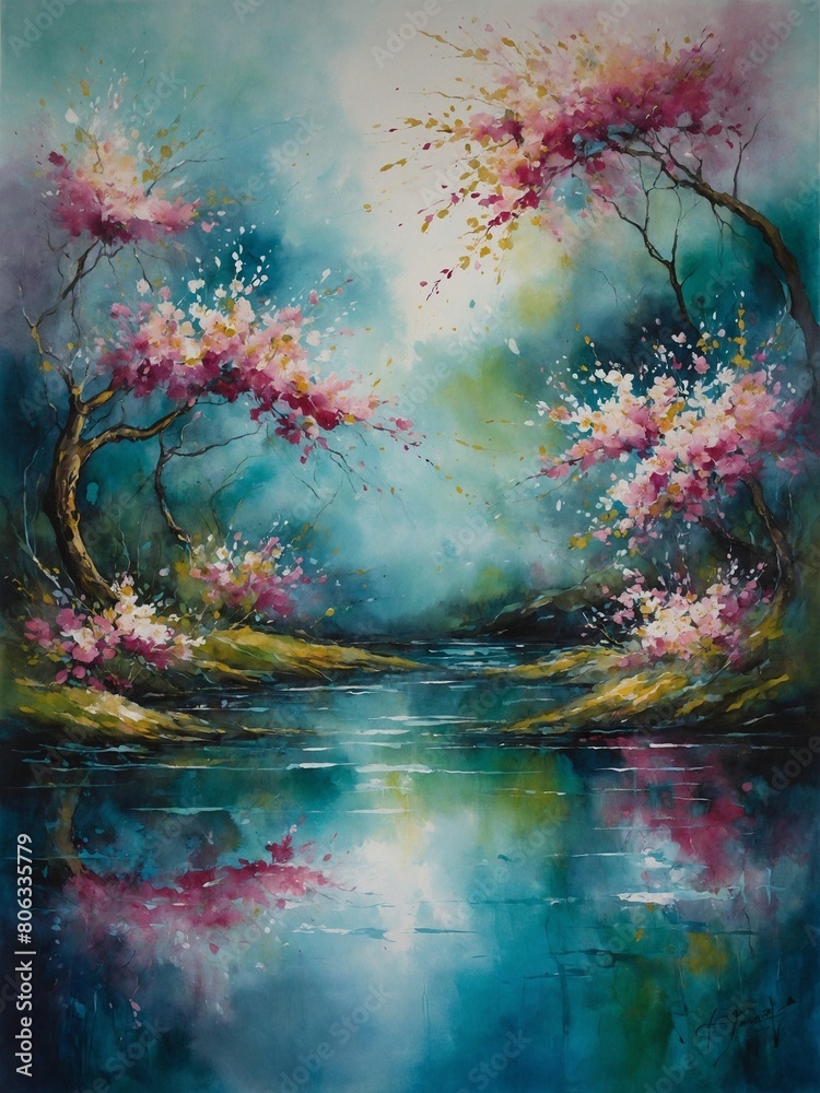 Vibrant painting captures serene landscape. Cherry blossoms, in full bloom, arch over tranquil river reflecting myriad of colors. Ethereal ambiance created by soft blending of blues, greens, pinks.