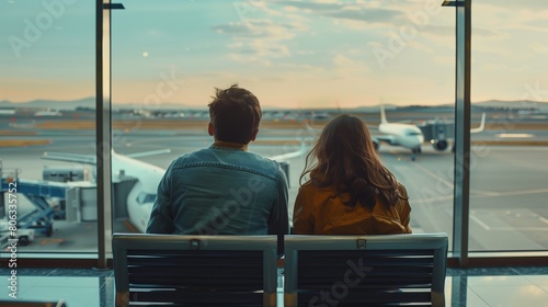 A weary traveler sits in a crowded airport terminal, looking at the departure board displaying numerous delayed flights, reflecting the frustration and inconvenience of disrupted travel plans. photo