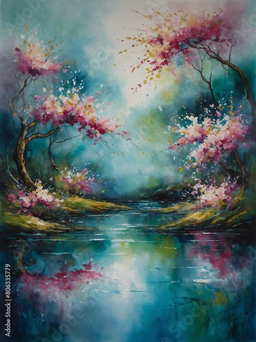 Vibrant painting captures serene landscape. Cherry blossoms  in full bloom  arch over tranquil river reflecting myriad of colors. Ethereal ambiance created by soft blending of blues  greens  pinks.