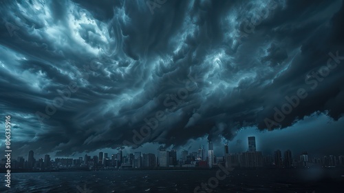 An intense, moody panorama of tumultuous storm clouds engulfing a city's skyline, portending a powerful storm photo