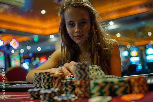 Woman playing in casino. Woman stakes piles of chips playing rou 