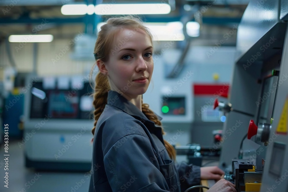 Confident female CNC operator working in a modern factory workshop Confident female CNC operator working in a modern factory workshop