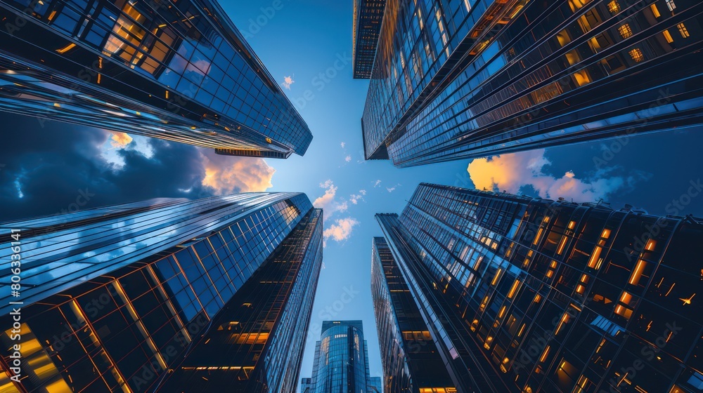 An immersive look up perspective of towering skyscrapers in an urban setting, showcasing the dynamic of cityscape at twilight An immersive look up perspective of towering skyscrapers in an urban setting, showcasing the dynamic of cityscape at twilight