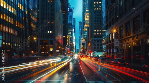 Nighttime city street scene with streaming traffic lights and illumination, showcasing urban life and the flow of a bustling city