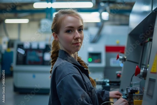 Confident female CNC operator working in a modern factory workshop