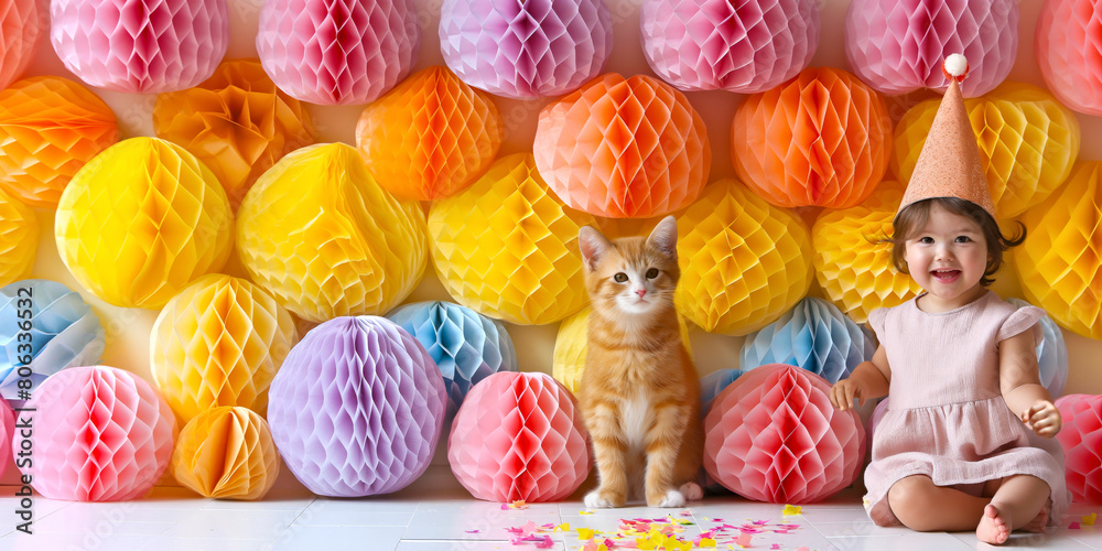 Joyful Birthday Girl wearing a party hat and cat in decorated room with colorful Paper Fans