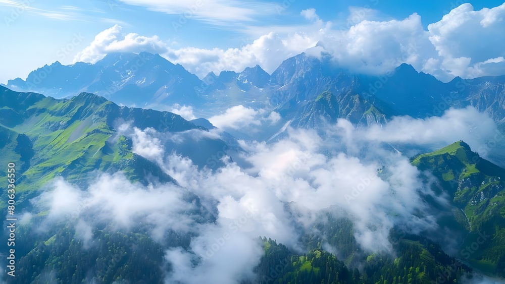 Time-lapse of low cloud formation over summer mountains from an aerial perspective. Concept Aerial Photography, Time-lapse, Low Cloud Formation, Summer Mountains, Nature Watching