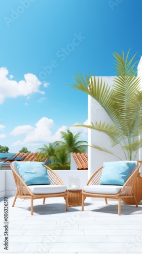 Summer background of Chairs placed on tiled floor in summer setting